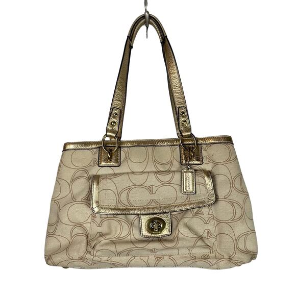 Coach Penelope Carryall Signature Beige and Gold Linen Handbag - Picture 1 of 14